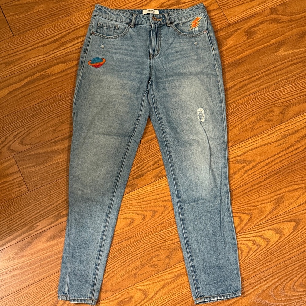 Forever 21 Light Blue Skinny Jeans with Alien/ space Embroidery